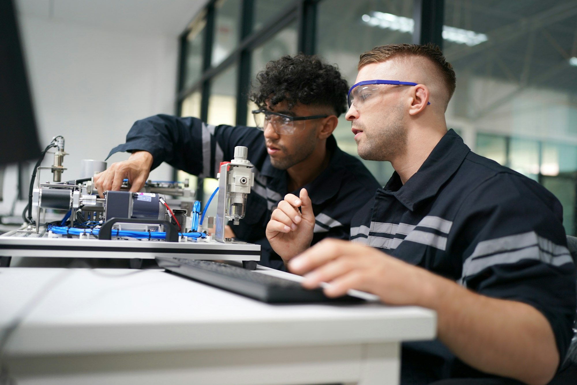 Robotics Engineer are Developing a Technological Robot Arm Project, in Scientific Technology Lab.